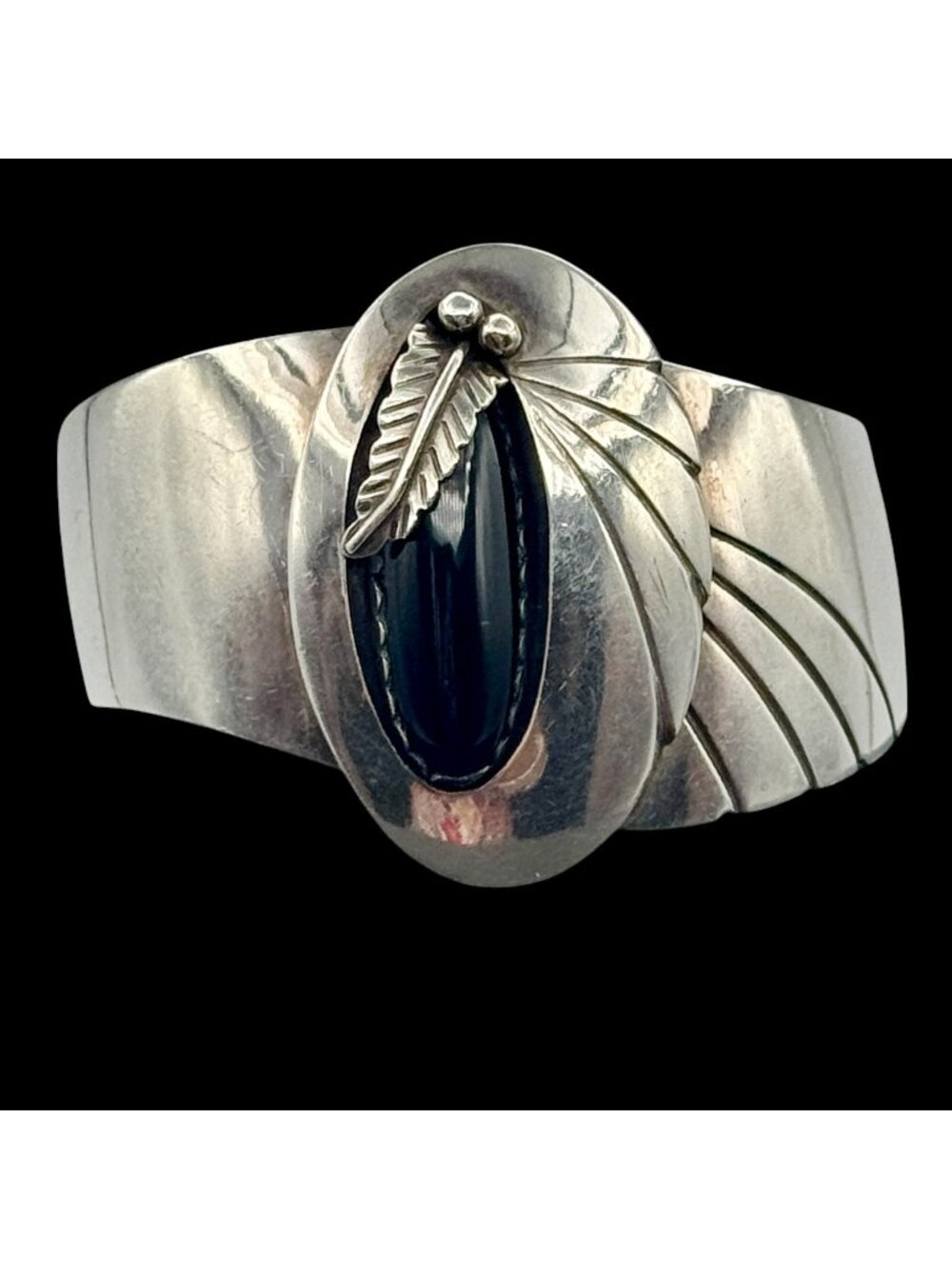 Southwestern Cuff Bracelet Sterling Silver Black Onyx By RMJ 44g Modern Design - Picture 1 of 12